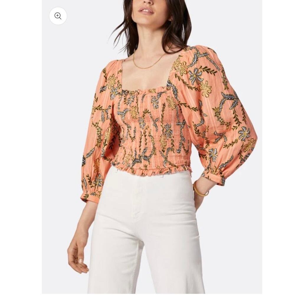 Joie Peach Floral Smocked Square-Neck Puff Sleeve Blouse